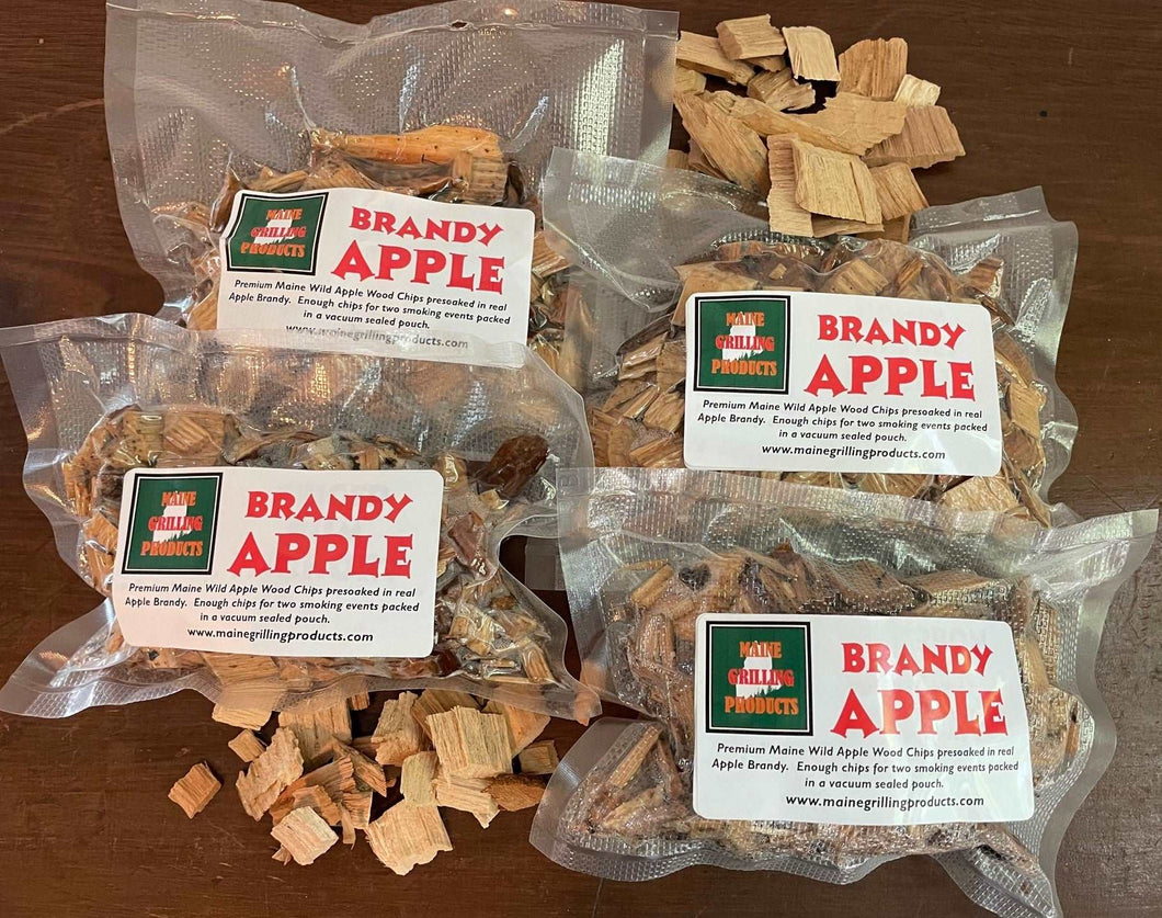 Flame Grilling Products Inc FOUR (6 OZ Pouches) PRE-SOAKED MAINE BRANDY APPLE WOOD CHIPS