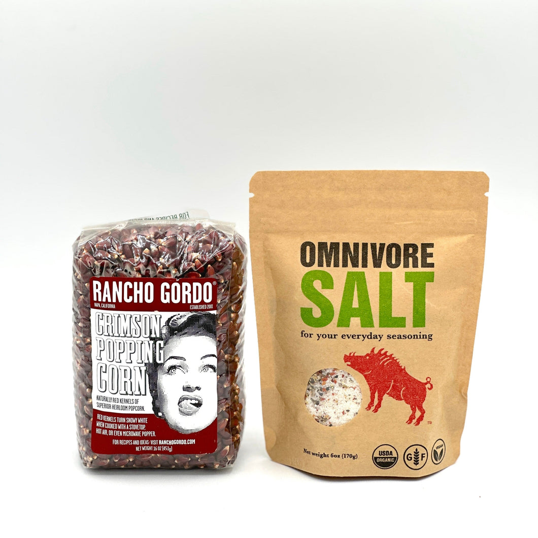 I- 16 oz bag of Rancho Gordo Crimson Popping Corn and 1- 6 oz bag of Omnivore SALT classic blend