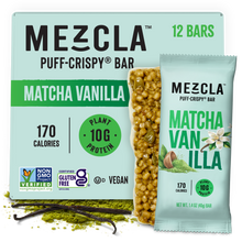 Load image into Gallery viewer, Mezcla Matcha Vanilla protein bars packaging showing light green box with 12 bars and individual wrapper with puffed grain bar visible
