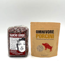 Load image into Gallery viewer, I- 16 oz bag of Rancho Gordo Crimson Popping Corn and 1- 6 oz bag of Omnivore Porcini blend
