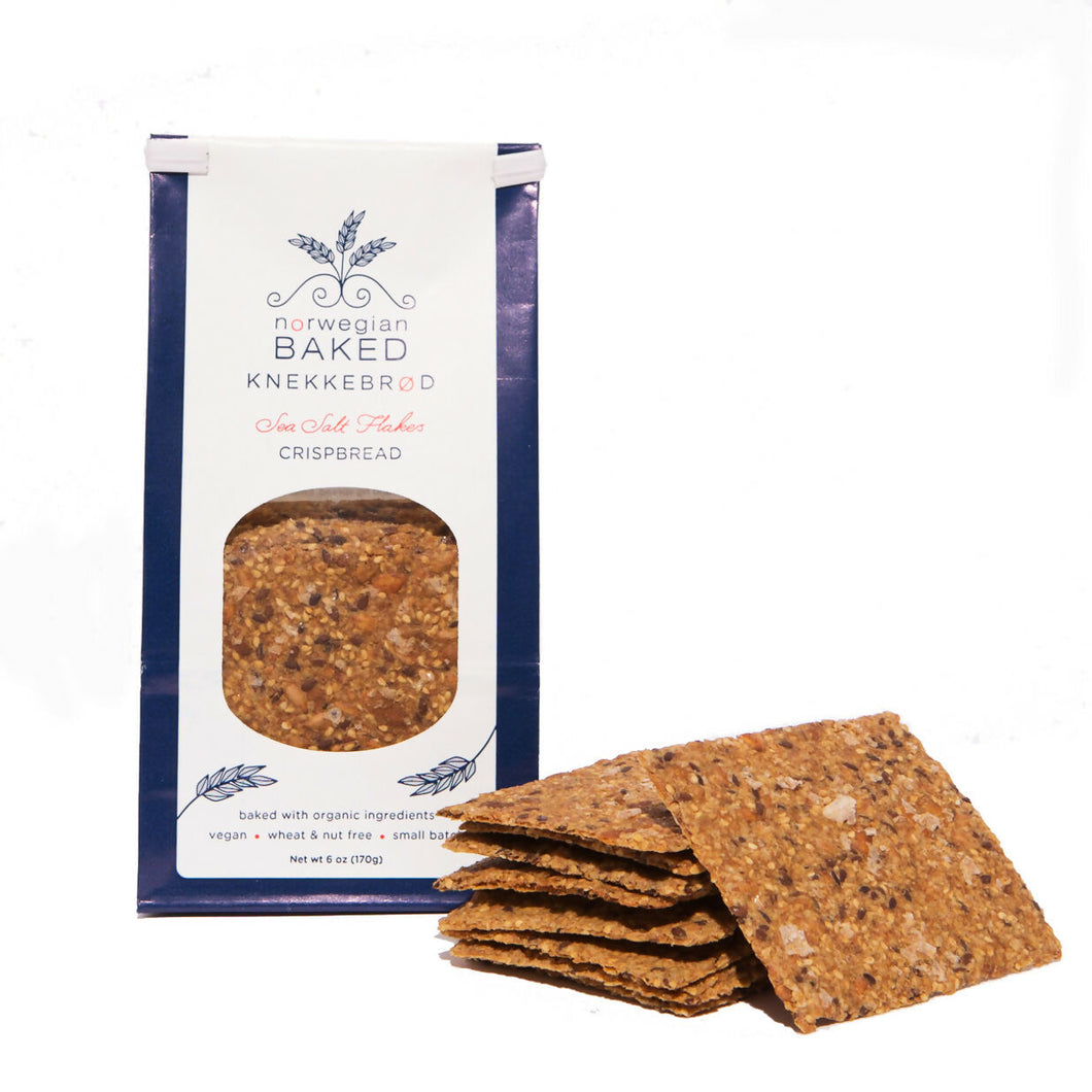 Norwegian Baked Sea Salt Flakes Knekkebrød Organic Crackers Bags - 12 Bags x 6oz case