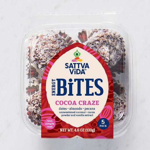 Cocoa Craze, Sattva Vida, Gluten Free, vegan, Vegan Snacks, Energy Bites, Plant Protein, Whole Foods, Dates, Non Gmo, Healthy Snacks, energy bar, snack bar, protein bar, dairy free snacks, vegan bars, low sugar, Energy Boost, nutrition bars, raw ingredients 