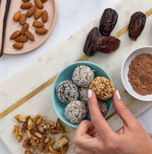 Load image into Gallery viewer, sattva vida energy bites bulk box, Sattva Vida, Gluten Free, vegan, Vegan Snacks, Energy Bites, Plant Protein, Whole Foods, Dates, Non Gmo, Healthy Snacks, energy bar, snack bar, protein bar, dark chocolate bar, dairy free snacks, vegan bars, low sugar, Energy Boost, nutrition bars, raw ingredients
