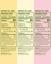 Load image into Gallery viewer, alldae superfruit soda's nutrition facts for the three flavors in the variety pack, showing the real, all-natural ingredients in each can.
