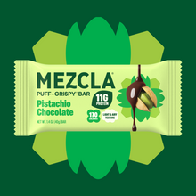 Load image into Gallery viewer, MEZCLA Pistachio Chocolate Puff-Crispy Bar package with 11g protein and 170 calories, featuring green leaf design and chocolate-drizzled pistachio illustration
