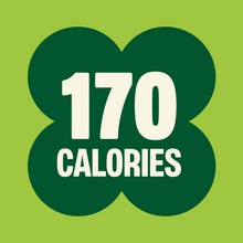 Load image into Gallery viewer, Green four-leaf clover shape on lime background with white text "170 CALORIES"
