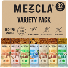 Load image into Gallery viewer, Mezcla variety pack of 32 protein bars in 7 flavors including peanut chocolate, hot chocolate, pistachio chocolate, maple blueberry, hazelnut chocolate, almond chocolate, and matcha vanilla
