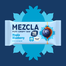 Load image into Gallery viewer, MEZCLA Maple Blueberry puff-crispy protein bar package on blue sunburst background, showing 11g protein, 170 calories, with blueberry and maple syrup imagery
