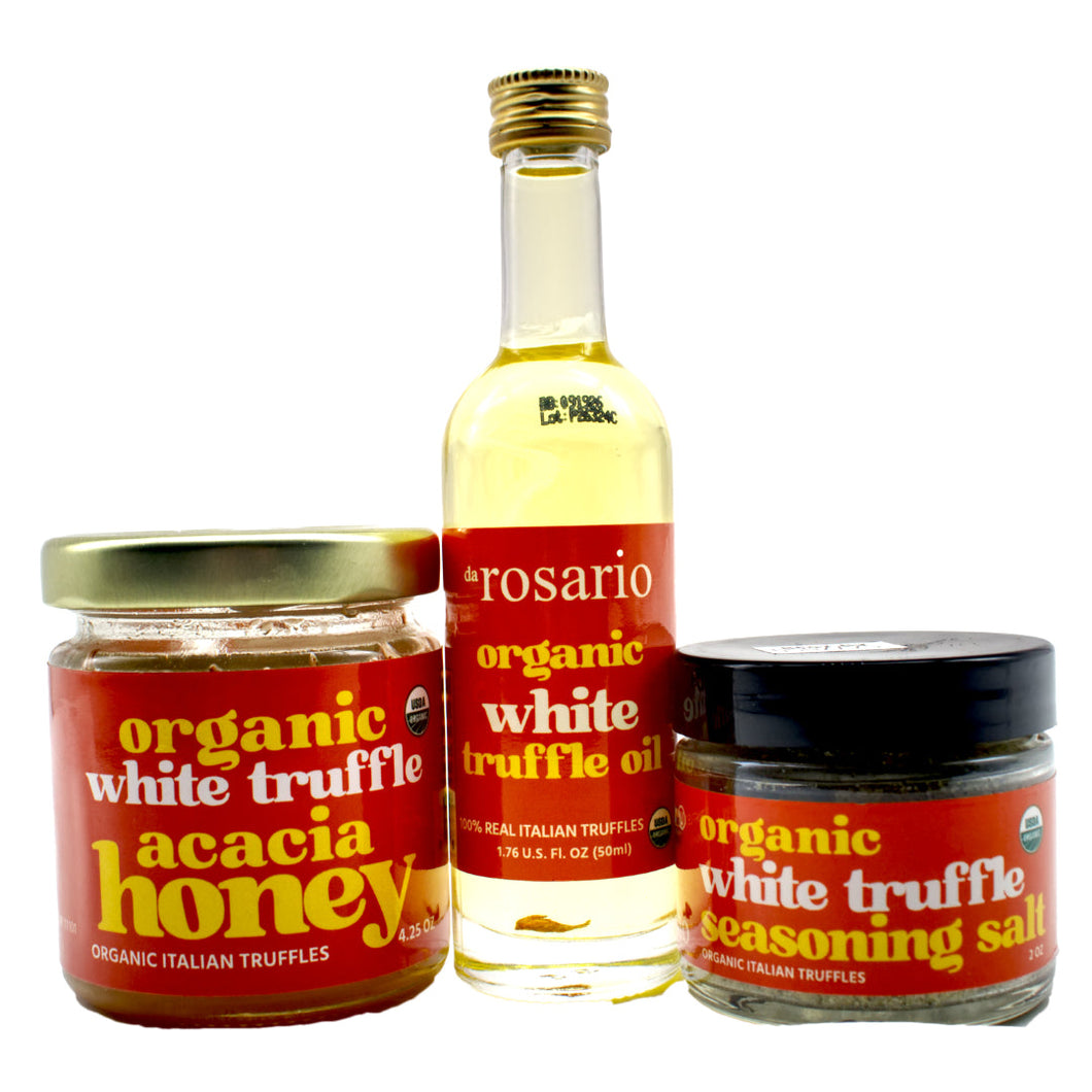 daRosario™ USDA Organic White truffle oil, truffle honey and truffle salt gift set.