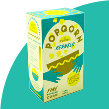 Load image into Gallery viewer, Bjorn Qorn Popcorn Colonel's box on teal background. 
