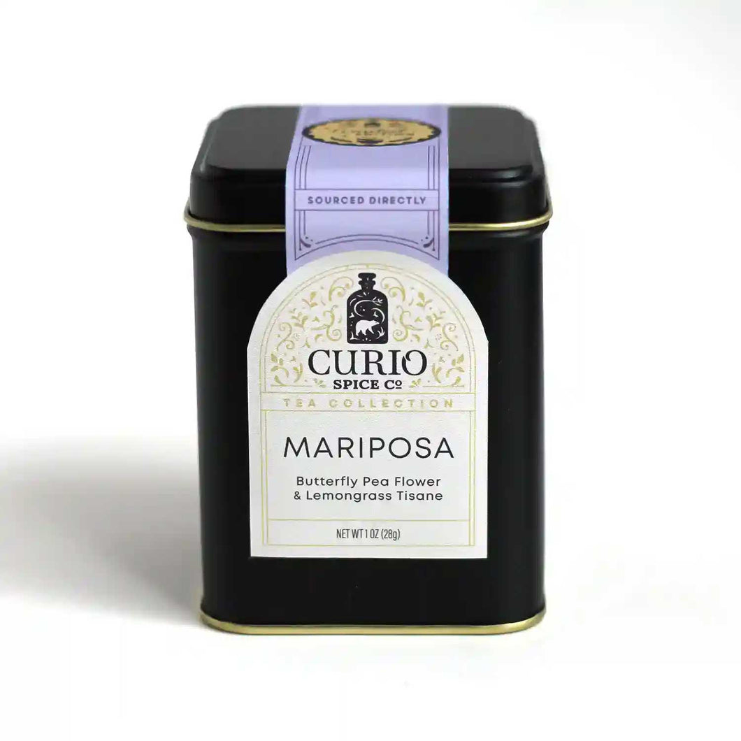 Tin of Mariposa Tea, a butterfly pea flower and lemongrass tisane