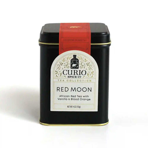 An aluminum tin of Red Moon, an African Red Tea with Vanilla & Blood Orange