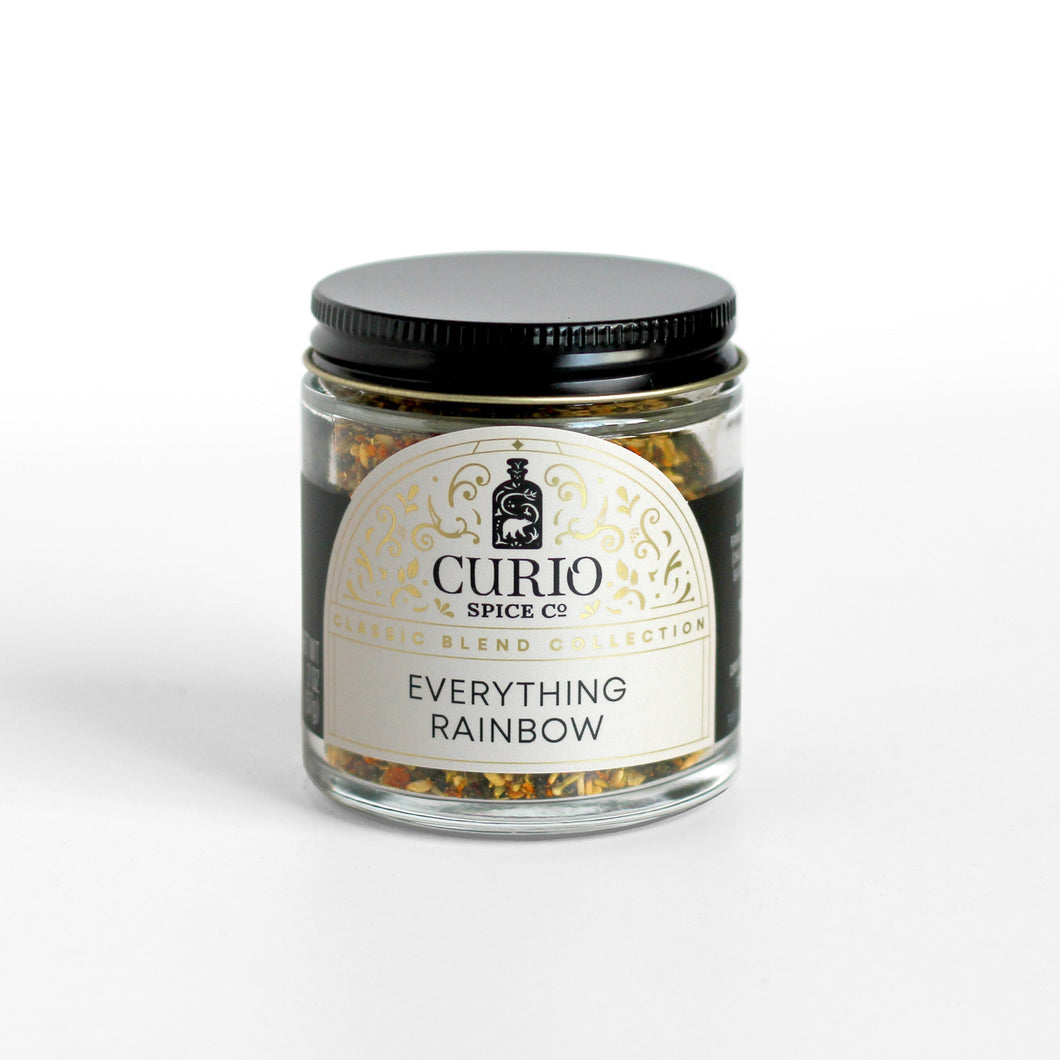 Curio Spice Co. Classic Blend Everything Rainbow in a glass jar.