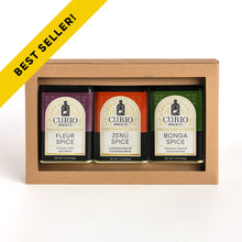 Load image into Gallery viewer, Curio Spice Co. 3-Tin Spice Garden Signature Blend gift set featuring unique spice blends made fair-trade single origin sustainable spices, featuring Fleur Spice, Zenu Spice, and Bonga Spice.
