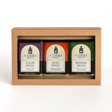 Load image into Gallery viewer, Curio Spice Co. 3-Tin Spice Garden Signature Blend gift set featuring unique spice blends made fair-trade single origin sustainable spices, featuring Fleur Spice, Zenu Spice, and Bonga Spice.
