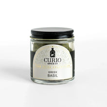 Load image into Gallery viewer, Curio Spice Co. fair-trade single origin sustainable Greek Basil in a glass jar.
