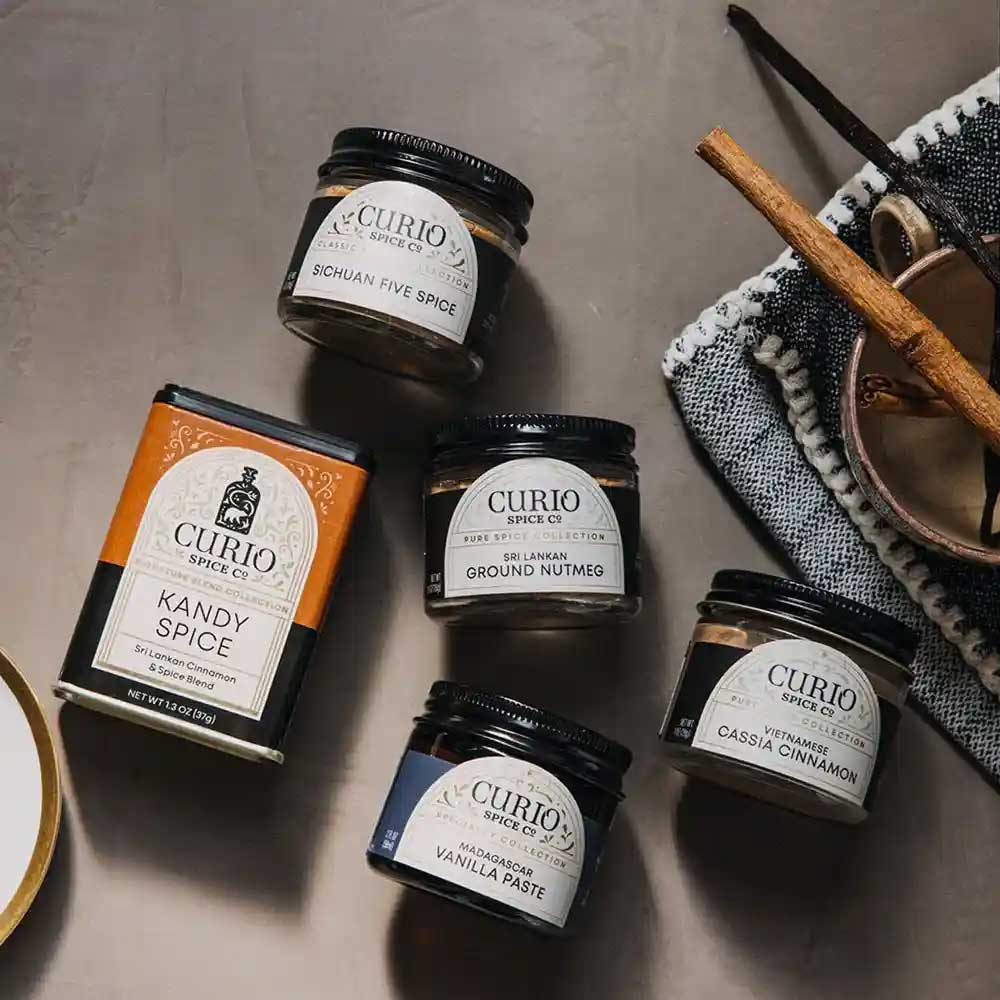 Baker's Joy gift set with Kandy Spice, Sichuan Five Spice, Sri Lankan Ground Nutmeg, Vietnamese Cassia Cinnamon, and Madagascar Vanilla Paste