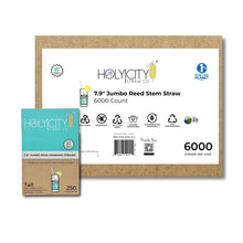 Load image into Gallery viewer, Large case of 6000 Holy City Straw Co. 7.9-inch jumbo reed stem straws, featuring environmental benefits and compostable certifications.
