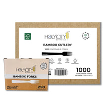 Load image into Gallery viewer, A product image of a 1000-piece case of disposable bamboo forks by Holy City Straw Company. The forks are 170mm (6.7 inches) in length, tree/plastic-free, heat resistant, BPA-free, and 100% biodegradable.
