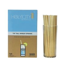 Load image into Gallery viewer, HolyCityStrawCompany 7.9-inch Wheat Tall Straws box of 500 straws displayed with a glass of straws next to the packaging
