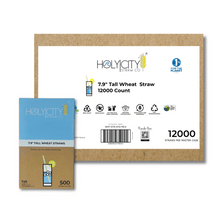 Load image into Gallery viewer, HolyCityStrawCompany 7.9-inch Wheat Tall Straws box of 12000 straws with environmental certifications and usage icons.
