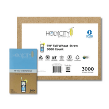 Load image into Gallery viewer, HolyCityStrawCompany 7.9-inch Wheat Tall Straws box of 3000 straws with sustainable, zero waste, and biodegradable icons
