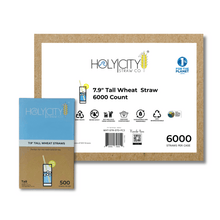 Load image into Gallery viewer, HolyCityStrawCompany 7.9-inch Wheat Tall Straws box of 6000 straws showing eco-friendly certifications and product details.
