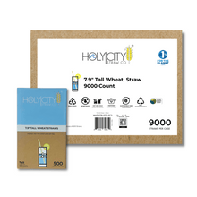 Load image into Gallery viewer, HolyCityStrawCompany 7.9-inch Wheat Tall Straws box of 6000 straws showing eco-friendly certifications and product details.
