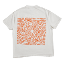 Load image into Gallery viewer, Back of the white T-Shirt with Mezcla repeated to form a square which swirls towards the center
