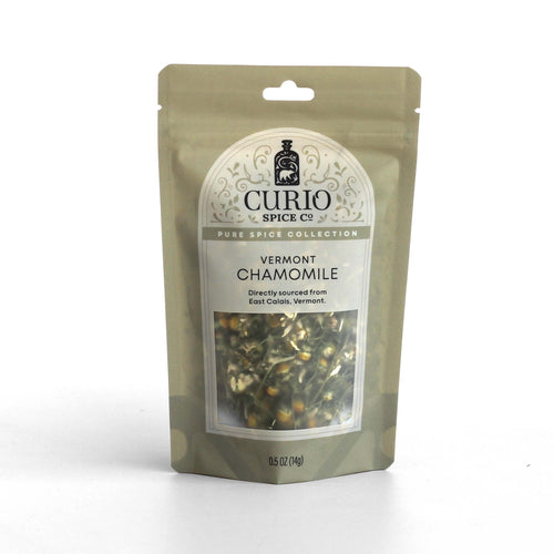 Curio Spice Co. fair-trade single origin sustainable Vermont Chamomile in a resealable bag.