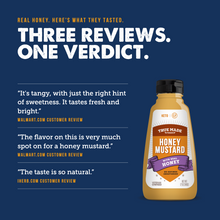 Load image into Gallery viewer, A promotional product graphic for a bottle of True Made Keto Honey Mustard. The image features a dark blue background with three customer review quotes from Walmart and Herb in gold and white text, alongside the product bottle on the right showing golden mustard inside.

