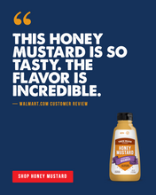 Load image into Gallery viewer, A promotional graphic for Sweet Maile Honey Mustard featuring a customer review quote on a dark blue background, with a bottle of Honey Mustard in the lower right and a red 'SHOP HONEY MUSTARD' button at the bottom left.
