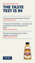 Load image into Gallery viewer, Promotional graphic for a honey mustard sauce product with text reading 'THE TASTE TEST IS IN,' customer review quotes, and a bottle of the sauce at the bottom on a light beige background.

