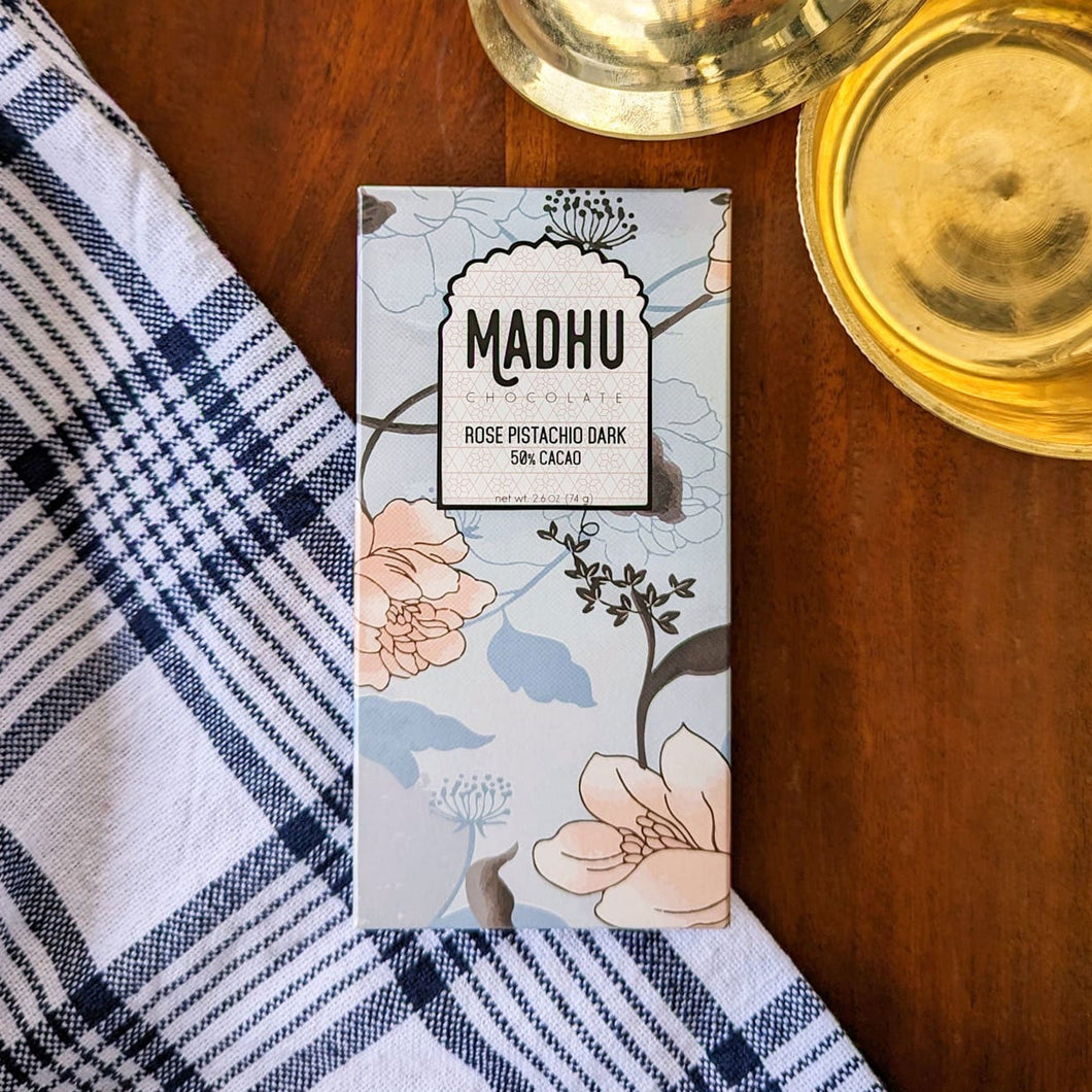 Madhu Chocolate Rose Pistachio - 50% Cacao Chocolate Bar