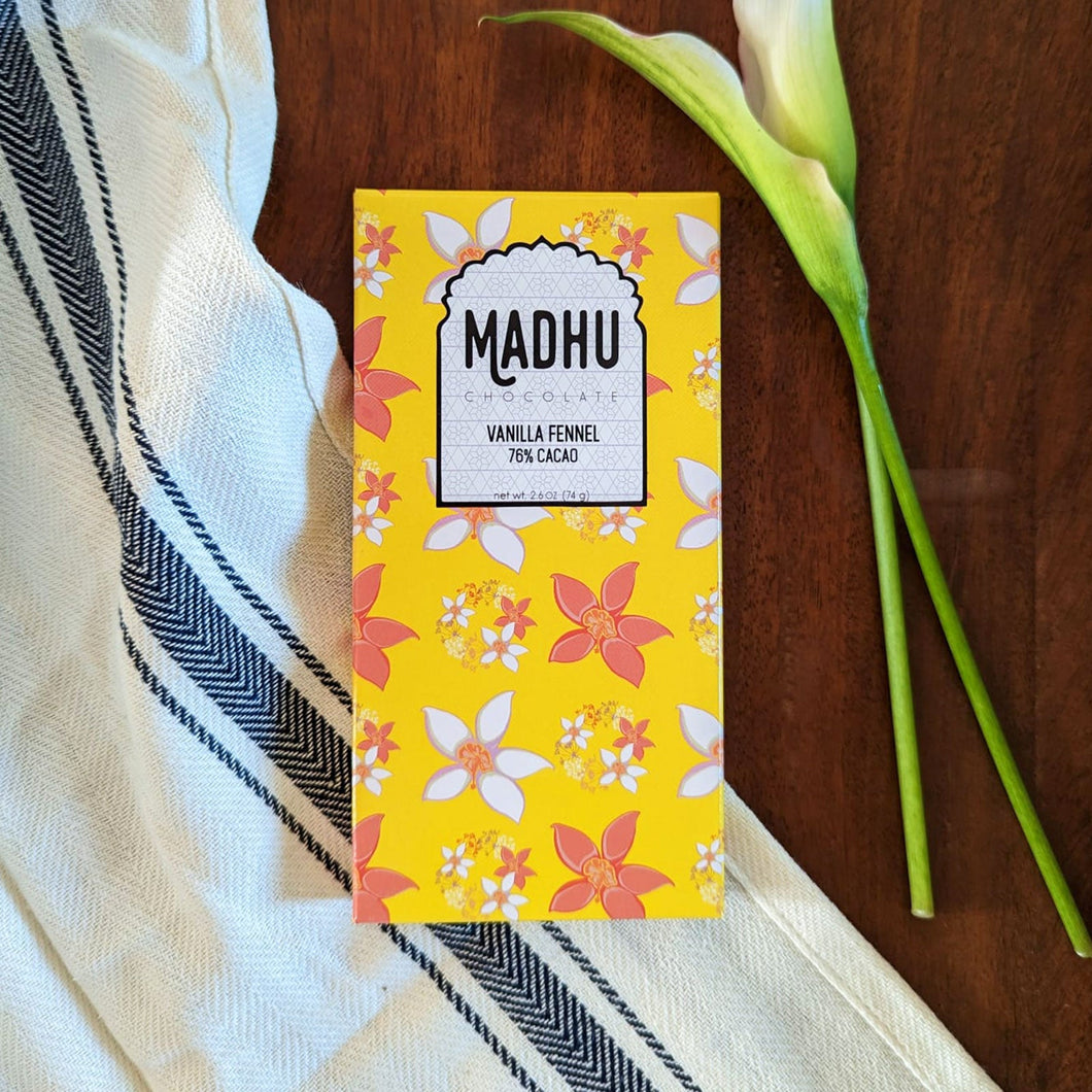 Madhu Chocolate Vanilla Fennel - 76% Cacao Chocolate Bar