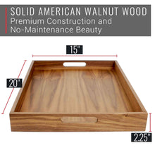 Load image into Gallery viewer, Virginia Boys Kitchens 20 x 15 Inch Rectangular Walnut Wood Serving and Coffee Table Tray with Handles
