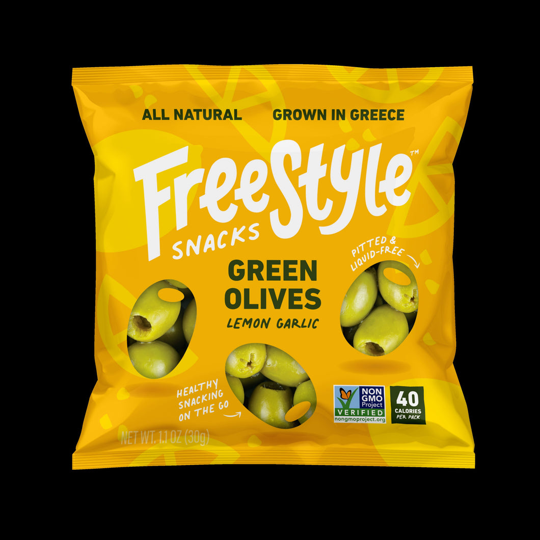 Freestyle Snacks Green Olives Lemon Garlic - 120 bags x 1.1oz