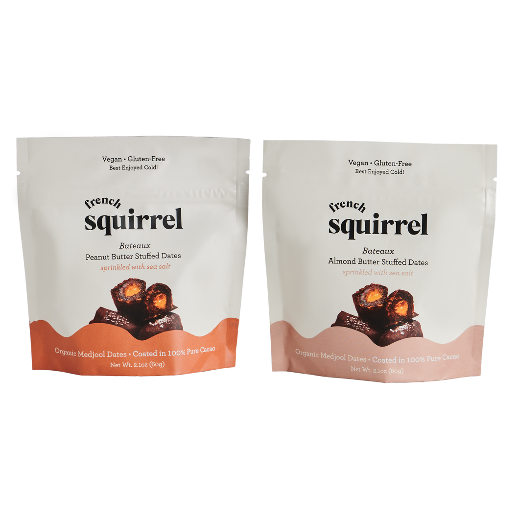 French Squirrel Almond and Peanut Butter Bateaux au Chocolat Chocolate Stuffed Dates Mixed Bundle (3 dates per bag) x 4 Bags case