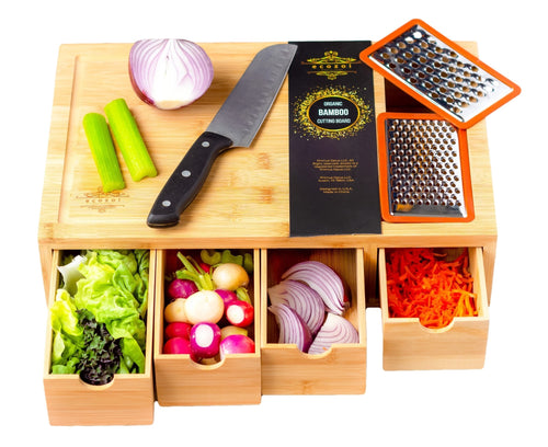 ecozoi - Bamboo Cutting Board with 4 Organizing Trays and 2 Graters by ecozoi - | Delivery near me in ... Farm2Me #url#